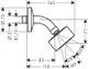 Duschelement mit armartigem Anschluss, befestigt an einer Wand. AXOR-Logo sichtbar. Detaillierte Maßangaben und Wirkungswinkel der Strahlarten sind zu erkennen.